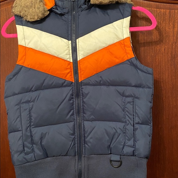 Delias Ski Vest 70s/Retro/Vintage/fur hood/small/orange/navy/classic/Y2K 90s - Picture 3 of 8